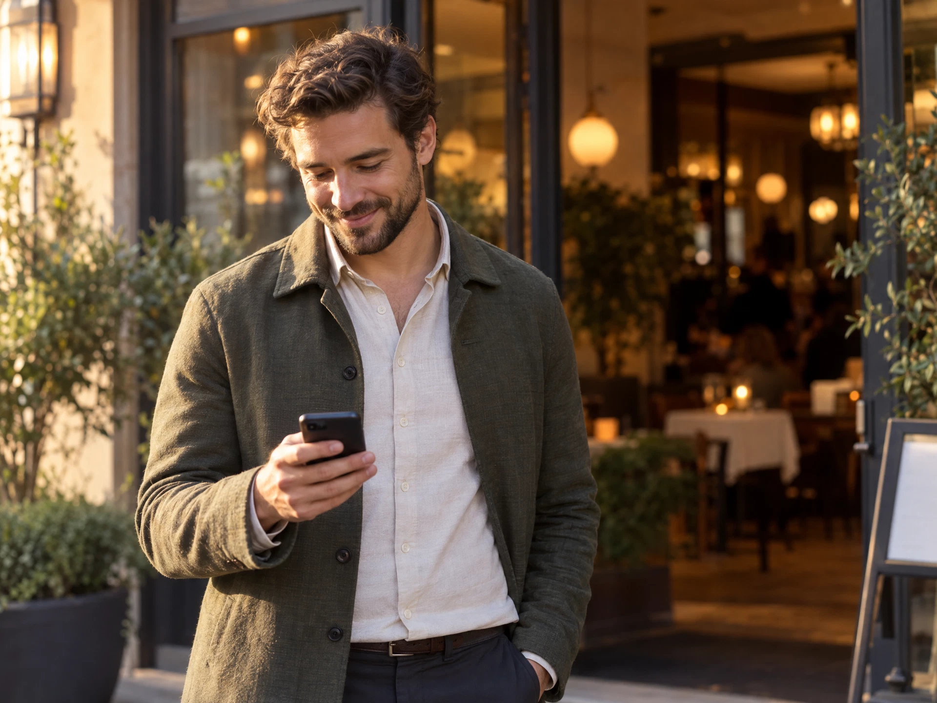 A guest completing a restaurant survey on a phone outside the restaurant